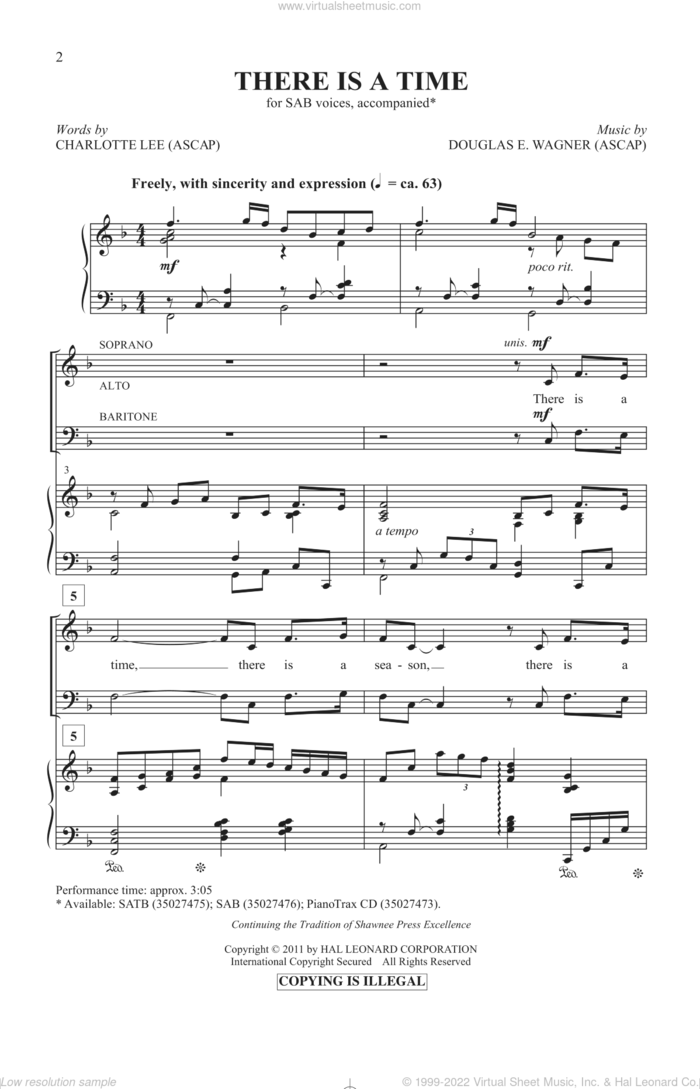 There Is A Time sheet music for choir (SAB: soprano, alto, bass) by Douglas E. Wagner and Charlotte Lee, intermediate skill level