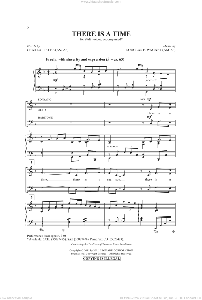 There Is A Time sheet music for choir (SAB: soprano, alto, bass) by Douglas E. Wagner and Charlotte Lee, intermediate skill level