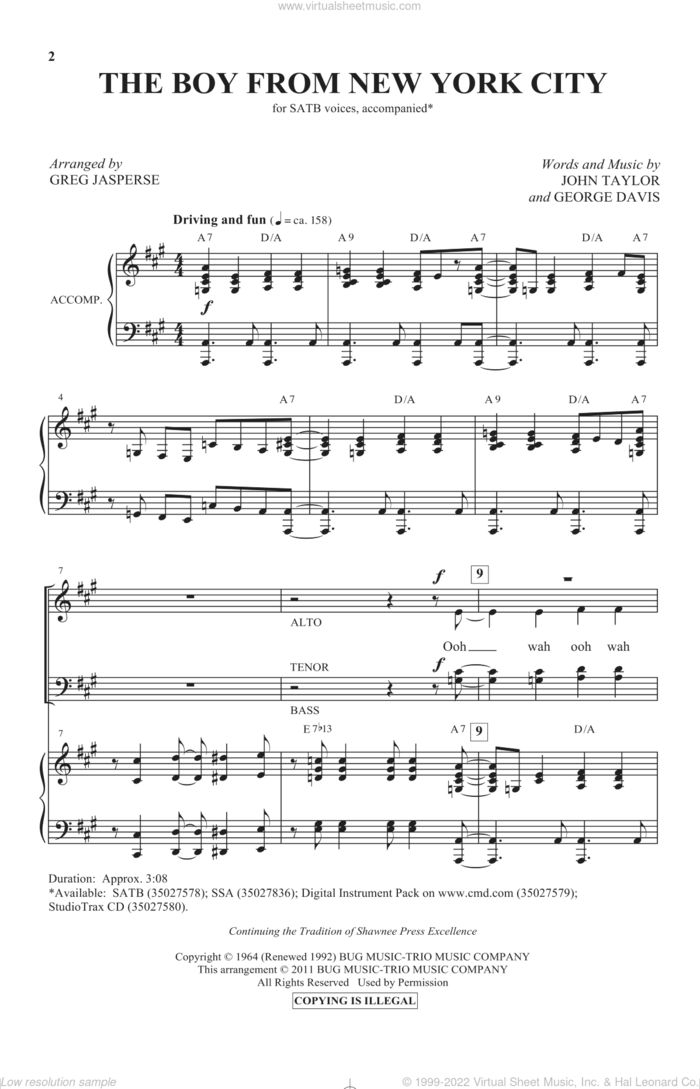 The Boy From New York City sheet music for choir (SATB: soprano, alto, tenor, bass) by John Taylor, George Davis, Greg Jasperse and Manhattan Transfer, intermediate skill level