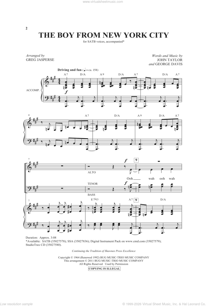 The Boy From New York City sheet music for choir (SATB: soprano, alto, tenor, bass) by John Taylor, George Davis, Greg Jasperse and Manhattan Transfer, intermediate skill level