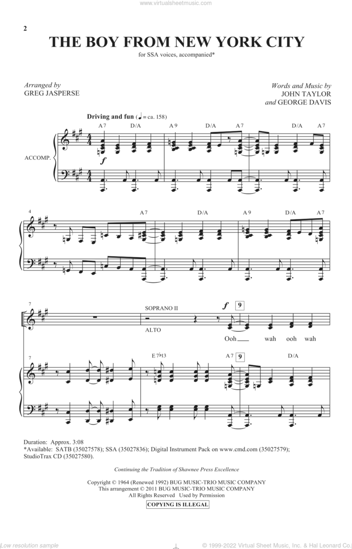 The Boy From New York City sheet music for choir (SSA: soprano, alto) by George Davis, John Taylor, Greg Jasperse and Manhattan Transfer, intermediate skill level