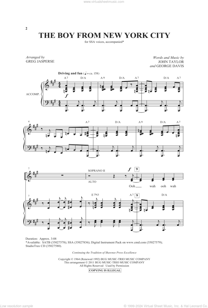 The Boy From New York City sheet music for choir (SSA: soprano, alto) by George Davis, John Taylor, Greg Jasperse and Manhattan Transfer, intermediate skill level