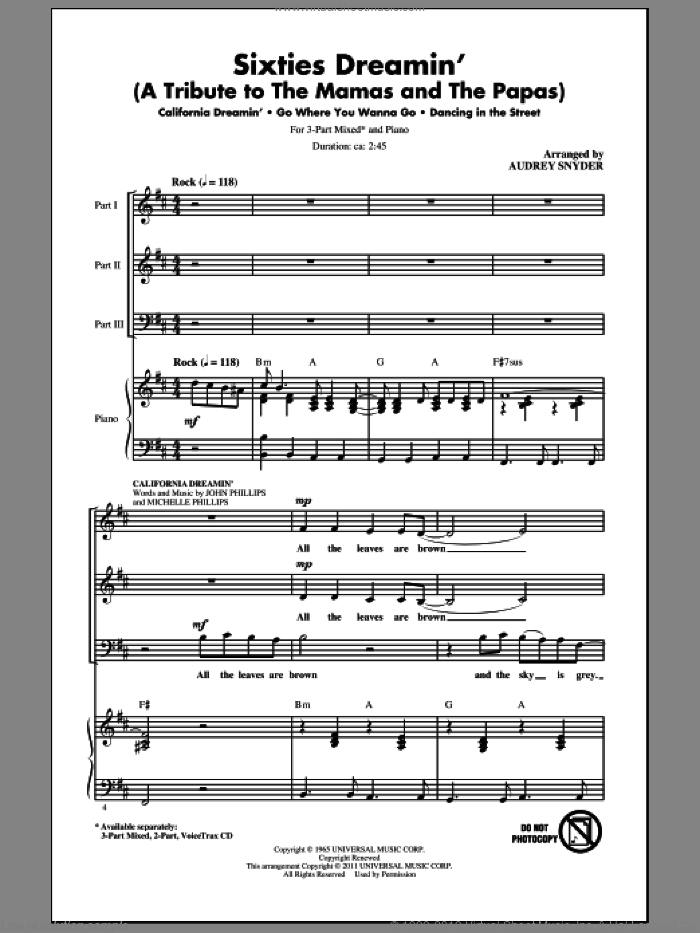 Sixties Dreamin' (A Tribute to The Mamas And The Papas) sheet music for choir (3-Part Mixed) by Audrey Snyder and The Mamas & The Papas, intermediate skill level