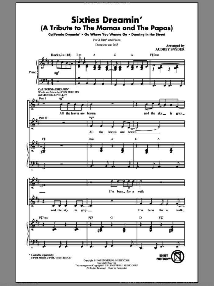 Sixties Dreamin' (A Tribute to The Mamas And The Papas) sheet music for choir (2-Part) by Audrey Snyder and The Mamas & The Papas, intermediate duet