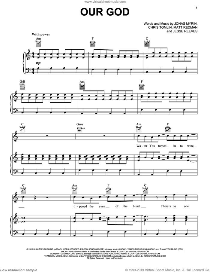 Our God sheet music for voice, piano or guitar by Chris Tomlin, Jesse Reeves, Jonas Myrin and Matt Redman, intermediate skill level