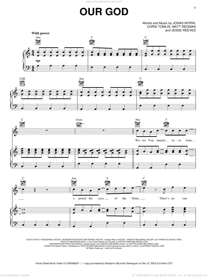 Our God sheet music for voice, piano or guitar by Chris Tomlin, Jesse Reeves, Jonas Myrin and Matt Redman, intermediate skill level