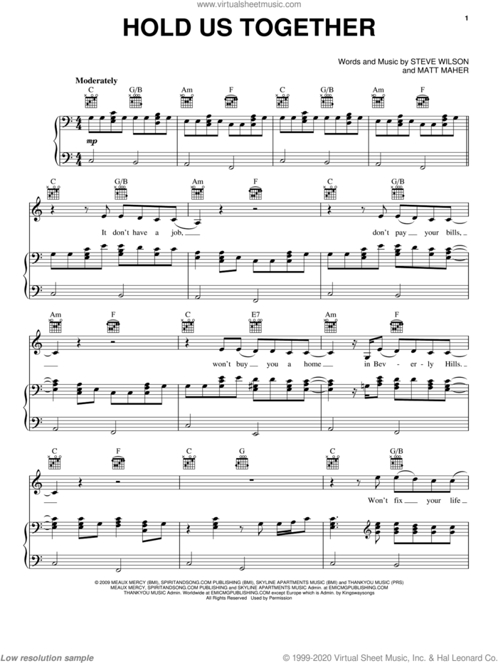 Hold Us Together sheet music for voice, piano or guitar by Matt Maher and Steve Wilson, intermediate skill level