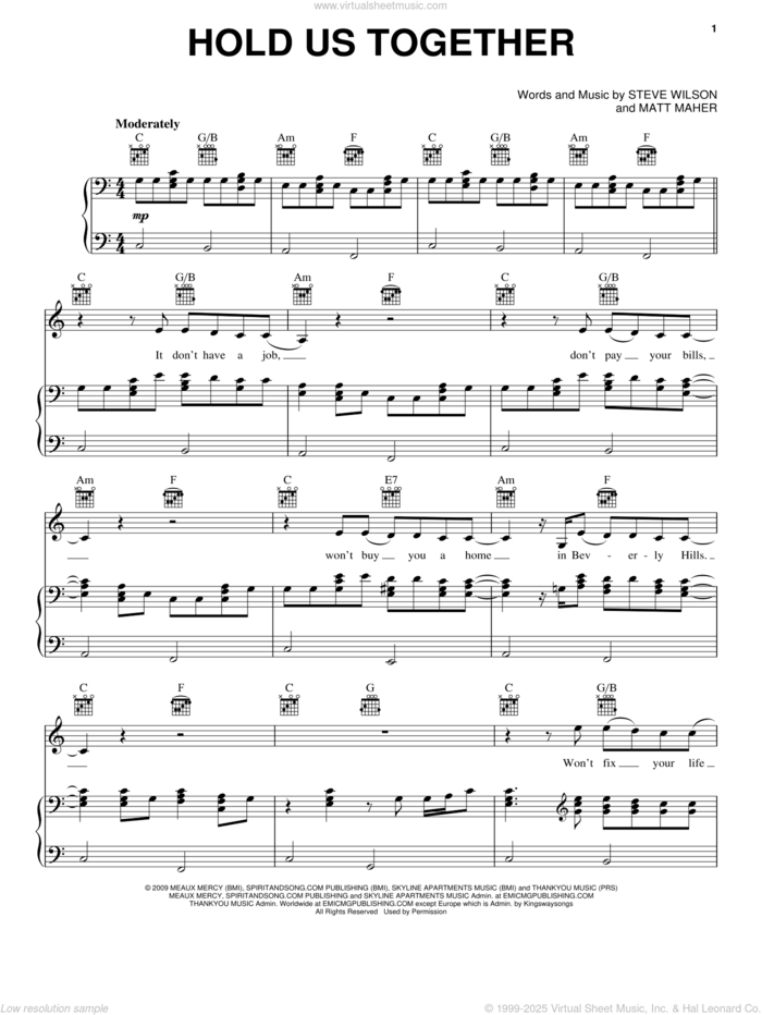 Hold Us Together sheet music for voice, piano or guitar by Matt Maher and Steve Wilson, intermediate skill level