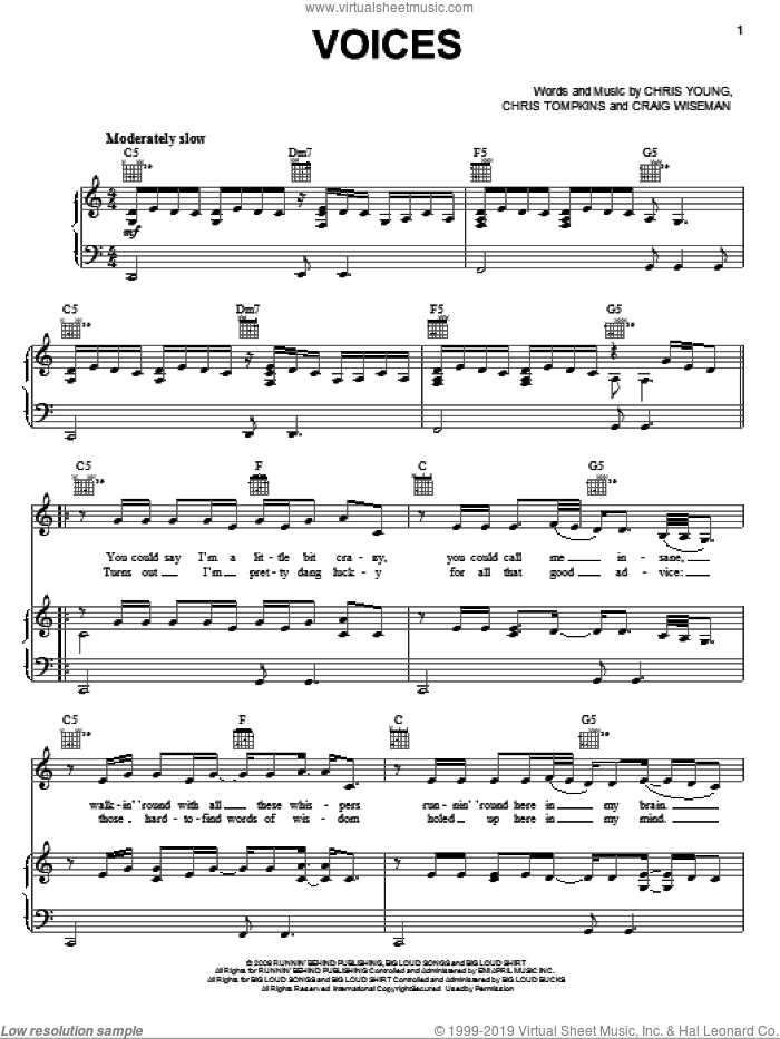 Voices sheet music for voice, piano or guitar by Chris Young, Chris Tompkins and Craig Wiseman, intermediate skill level