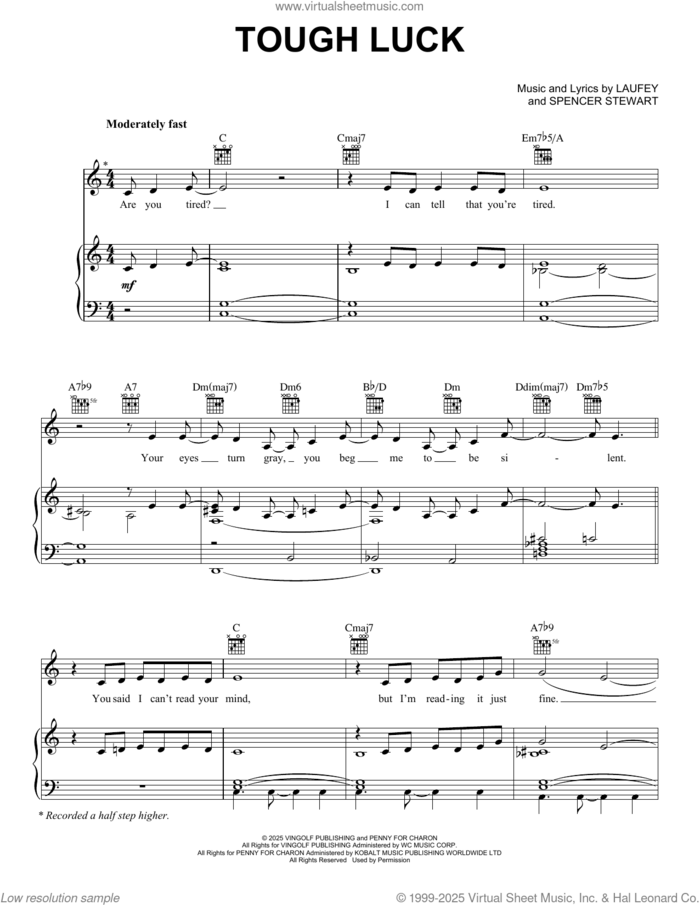 Tough Luck sheet music for voice, piano or guitar by Laufey and Spencer Stewart, intermediate skill level