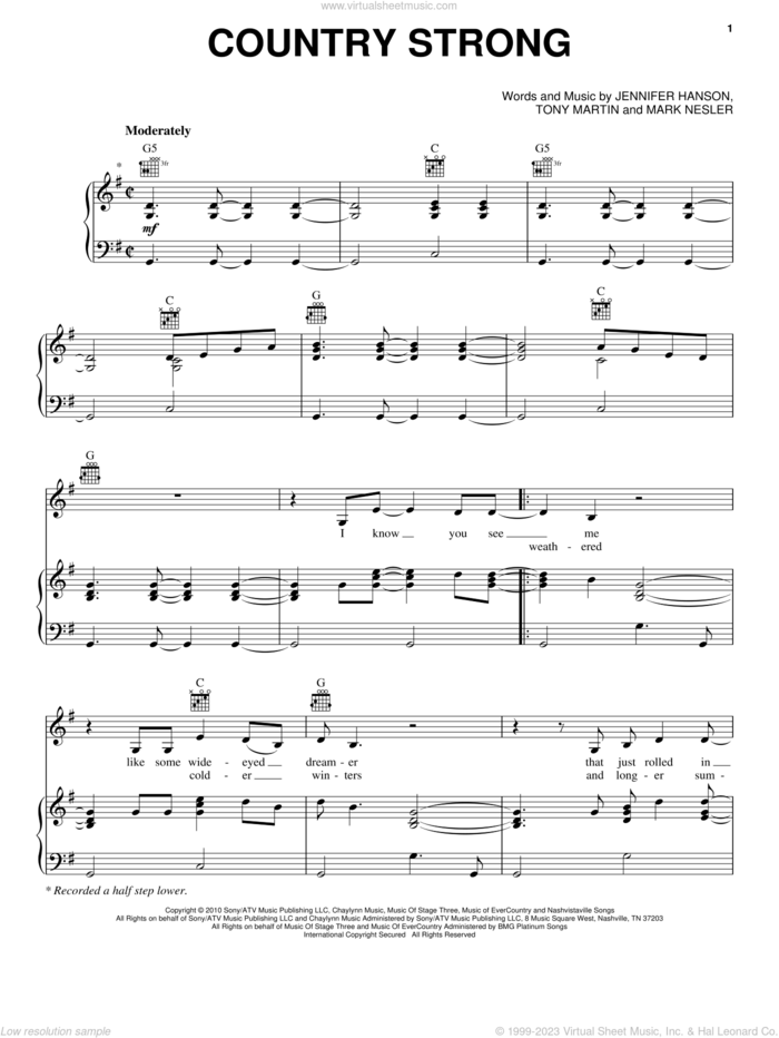 Country Strong sheet music for voice, piano or guitar by Gwyneth Paltrow, Country Strong (Movie), Jennifer Hanson, Mark Nesler and Tony Martin, intermediate skill level