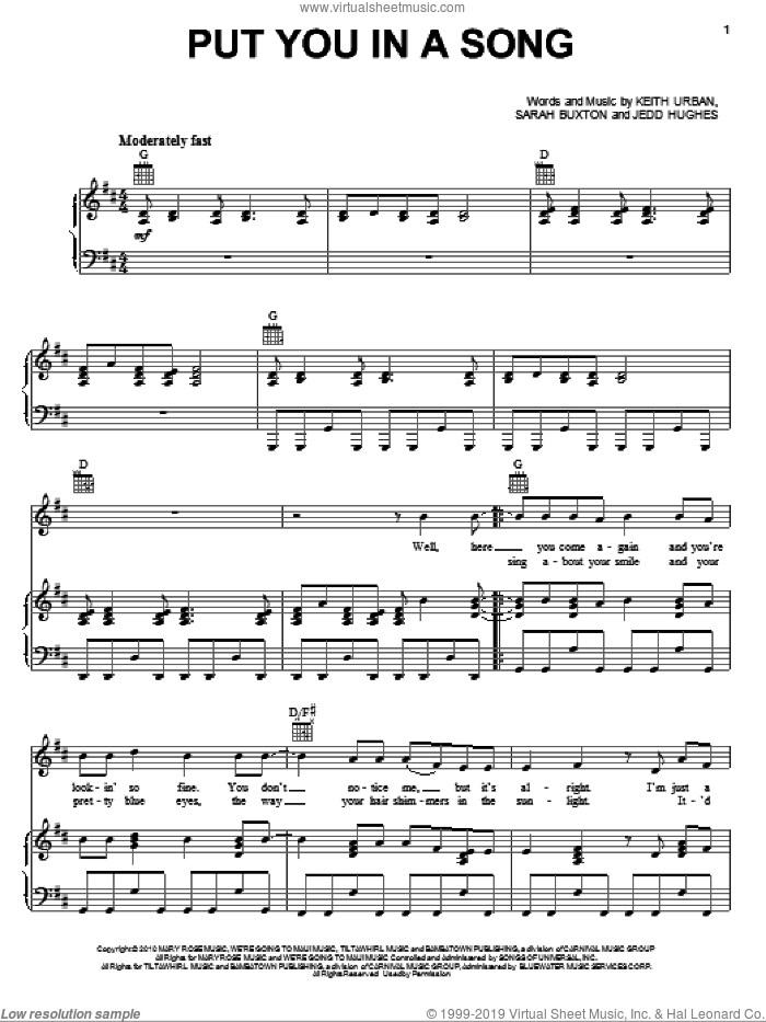 Put You In A Song sheet music for voice, piano or guitar by Keith Urban, Jedd Hughes and Sarah Buxton, intermediate skill level