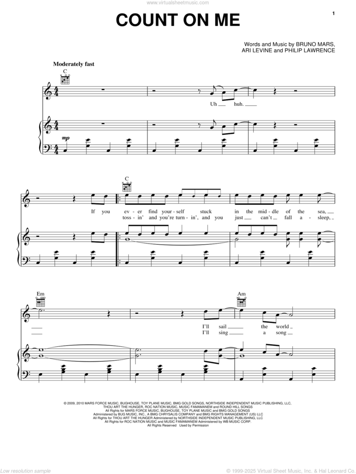 Count On Me sheet music for voice, piano or guitar by Bruno Mars, Ari Levine and Philip Lawrence, intermediate skill level