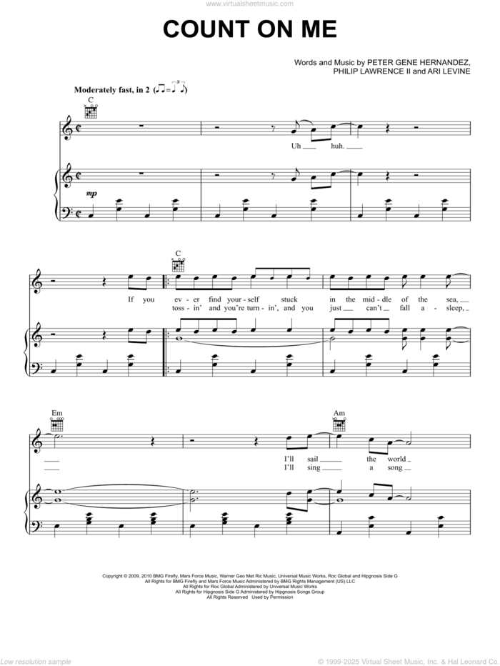 Count On Me sheet music for voice, piano or guitar by Bruno Mars, Ari Levine and Philip Lawrence, intermediate skill level