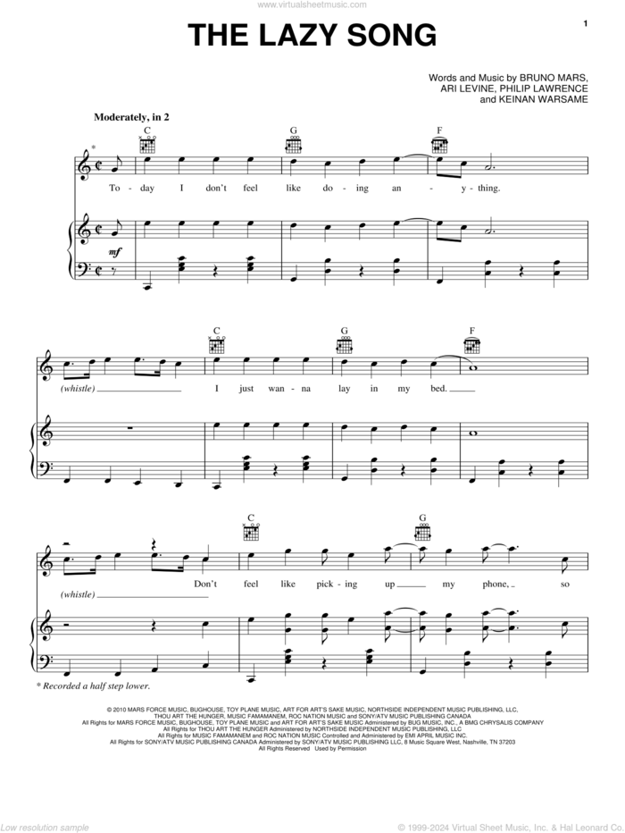 The Lazy Song sheet music for voice, piano or guitar by Bruno Mars, Ari Levine, Keinan Warsame and Philip Lawrence, intermediate skill level