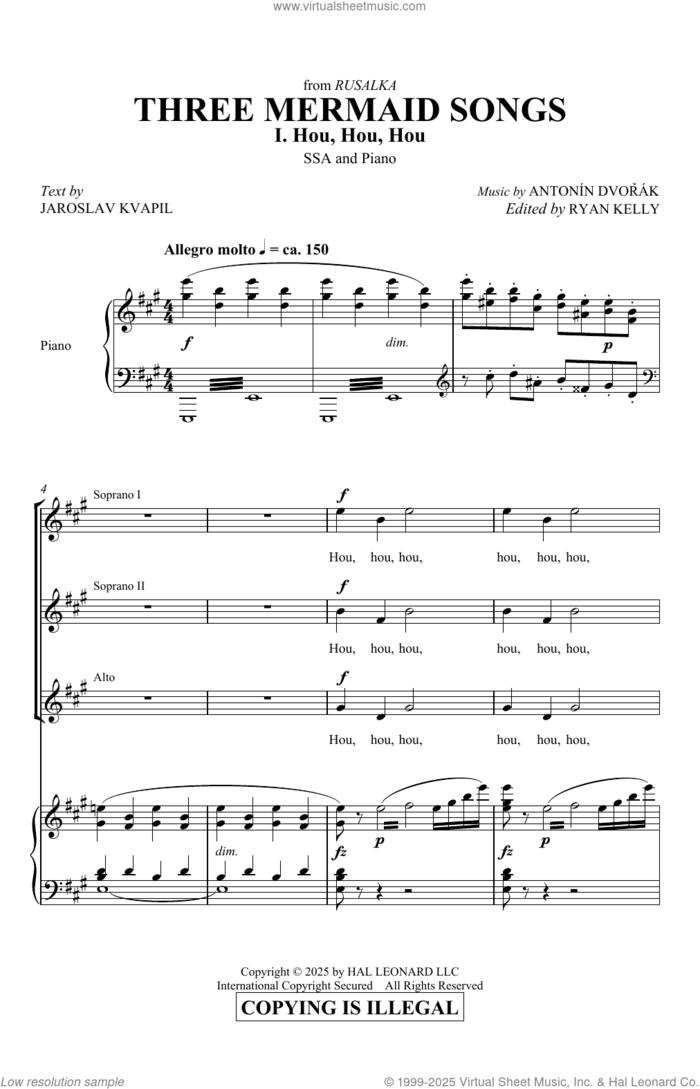 Three Mermaid Songs (from Rusalka) sheet music for choir (SSA: soprano, alto) by Antonín Dvorák, Jaroslov Kvapil and Ryan Kelly, intermediate skill level