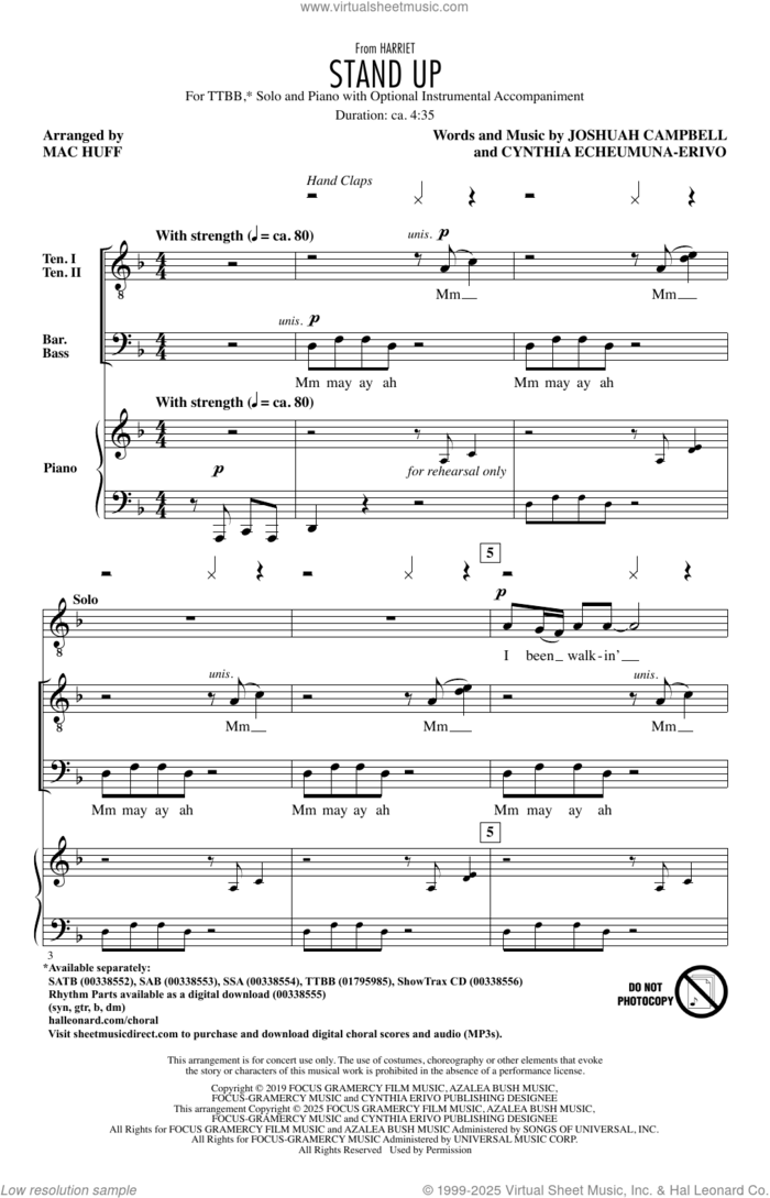 Stand Up (from Harriet) (arr. Mac Huff) sheet music for choir (TTBB: tenor, bass) by Cynthia Erivo, Mac Huff, Cynthia Echeumuna-Erivo and Joshuah Campbell, intermediate skill level