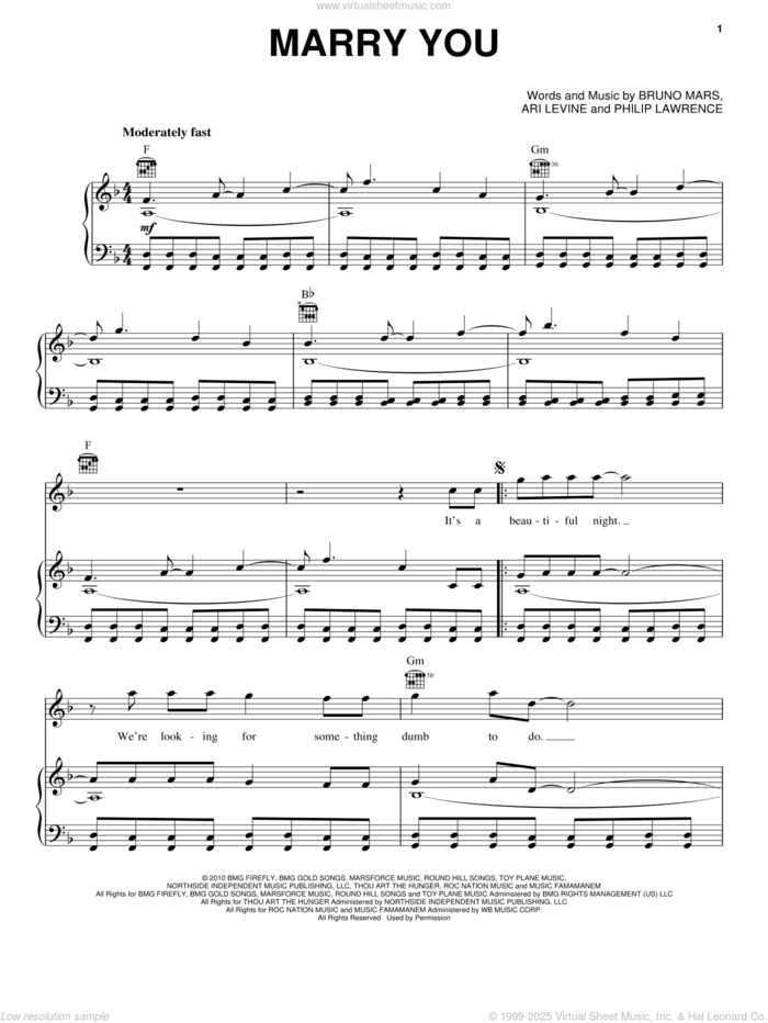 Marry You sheet music for voice, piano or guitar by Bruno Mars, Ari Levine and Philip Lawrence, wedding score, intermediate skill level