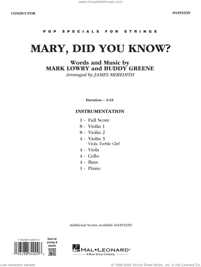 Mary, Did You Know? (arr. James Meredith) (COMPLETE) sheet music for orchestra by Buddy Greene, James Meredith, Mark Lowry and Mark Lowry & Buddy Greene, intermediate skill level