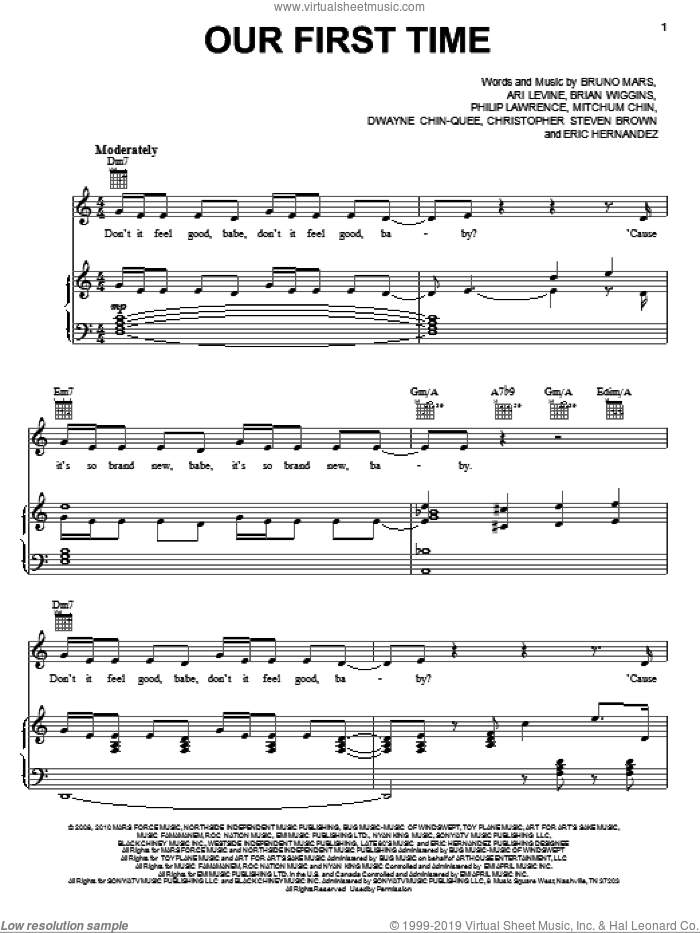 Our First Time sheet music for voice, piano or guitar by Bruno Mars, Ari Levine, Brian Wiggins, Christopher Steven Brown, Dwayne Chin-Quee, Eric Hernandez, Mitchum Chin and Philip Lawrence, intermediate skill level