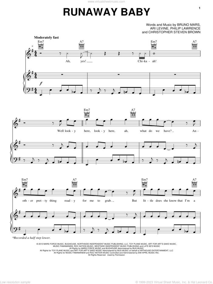 Runaway Baby sheet music for voice, piano or guitar by Bruno Mars, Ari Levine, Christopher Steven Brown and Philip Lawrence, intermediate skill level