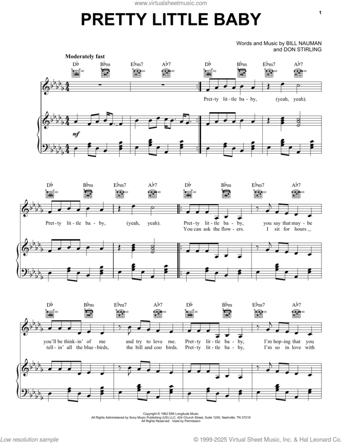 Pretty Little Baby sheet music for voice, piano or guitar by Connie Francis, Bill Nauman and Don Stirling, intermediate skill level