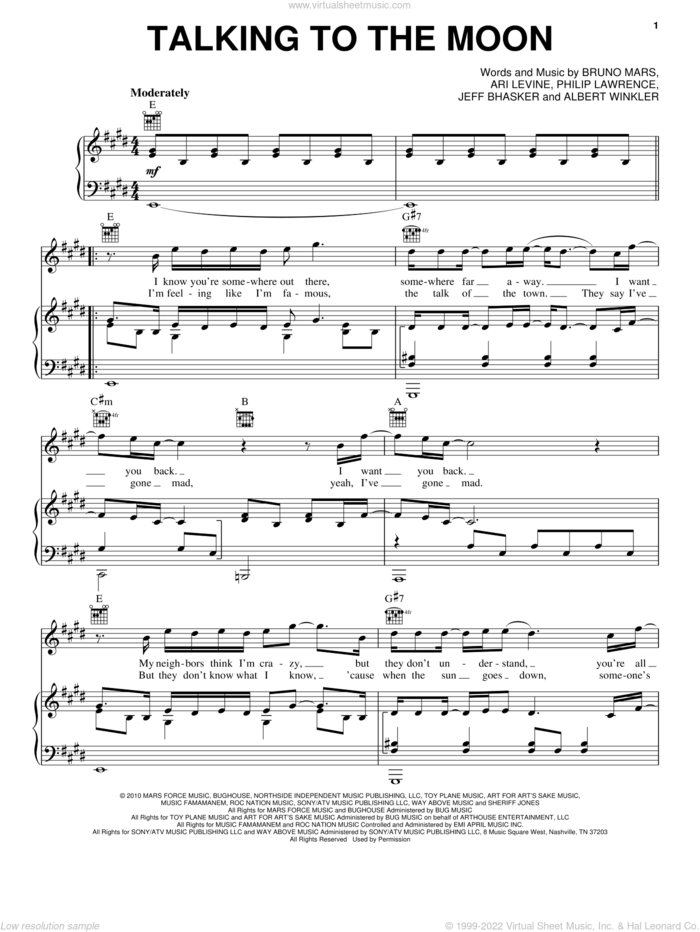 Talking To The Moon sheet music for voice, piano or guitar by Bruno Mars, Albert Winkler, Ari Levine, Jeff Bhasker and Philip Lawrence, intermediate skill level
