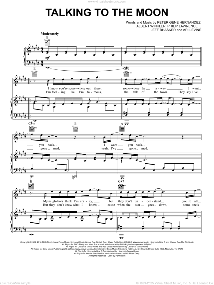 Talking To The Moon sheet music for voice, piano or guitar by Bruno Mars, Albert Winkler, Ari Levine, Jeff Bhasker and Philip Lawrence, intermediate skill level