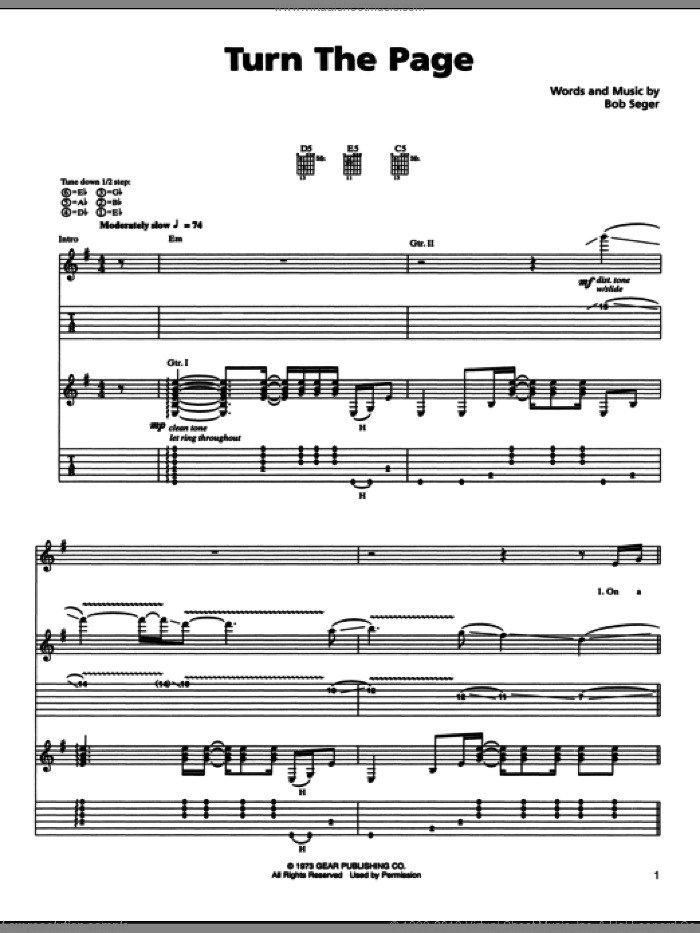 Turn The Page sheet music for guitar (tablature) by Metallica and Bob Seger, intermediate skill level