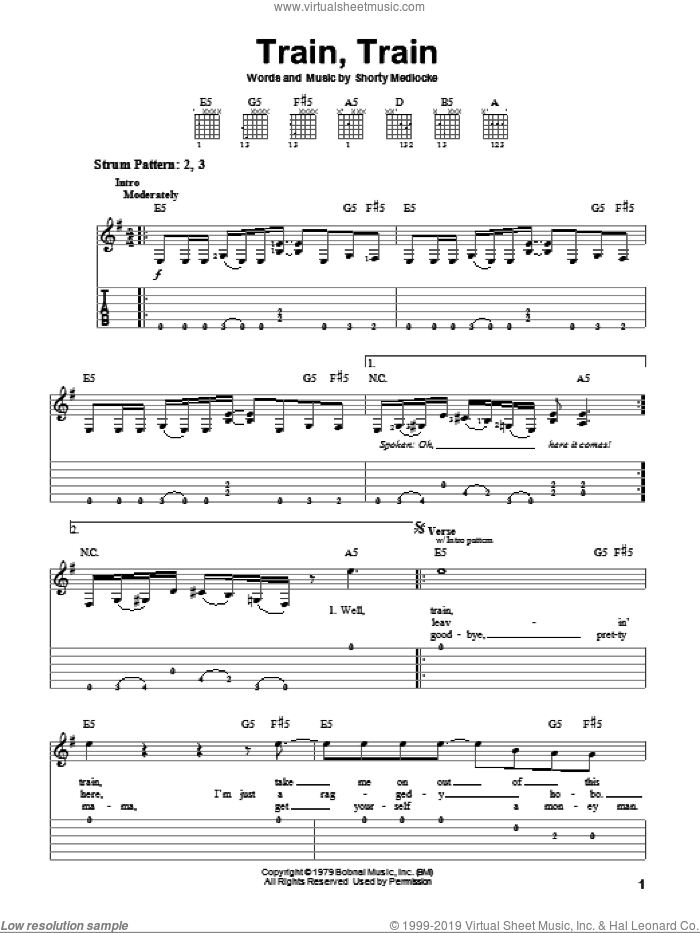 Train, Train sheet music for guitar solo (easy tablature) by Blackfoot and Shorty Medlocke, easy guitar (easy tablature)