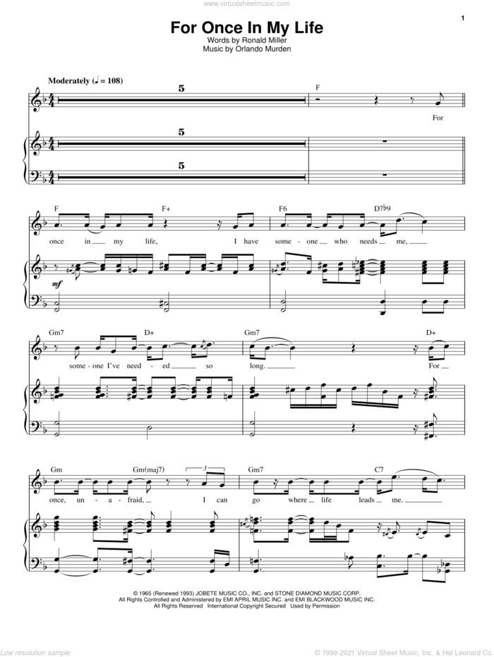 For Once In My Life sheet music for voice and piano by Stevie Wonder, Orlando Murden and Ron Miller, intermediate skill level