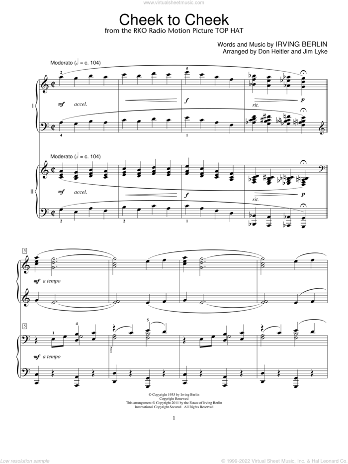 Cheek To Cheek sheet music for two pianos by Irving Berlin, intermediate duet
