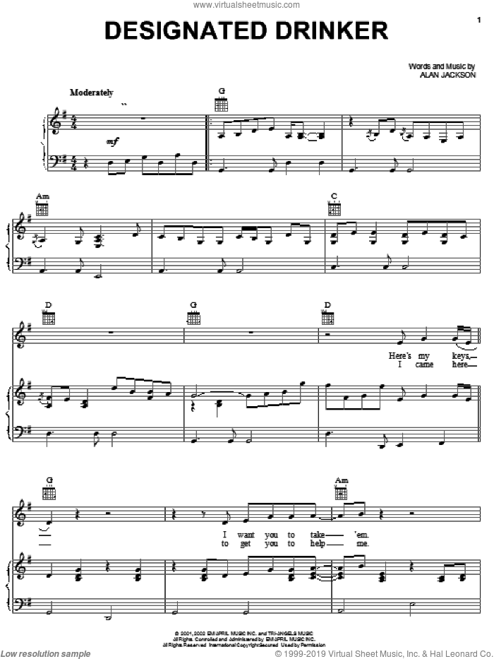 Designated Drinker sheet music for voice, piano or guitar by Alan Jackson, intermediate skill level