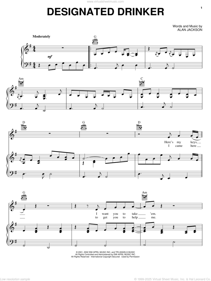 Designated Drinker sheet music for voice, piano or guitar by Alan Jackson, intermediate skill level