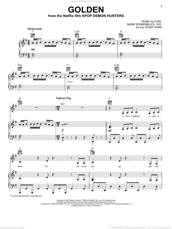 Golden (from KPop Demon Hunters) sheet music for voice, piano or guitar by Huntr/x (Ejae, Audrey Nuna and Rei Ami), Kim Eun-jae aka EJAE and Mark Sonnenblick, intermediate skill level