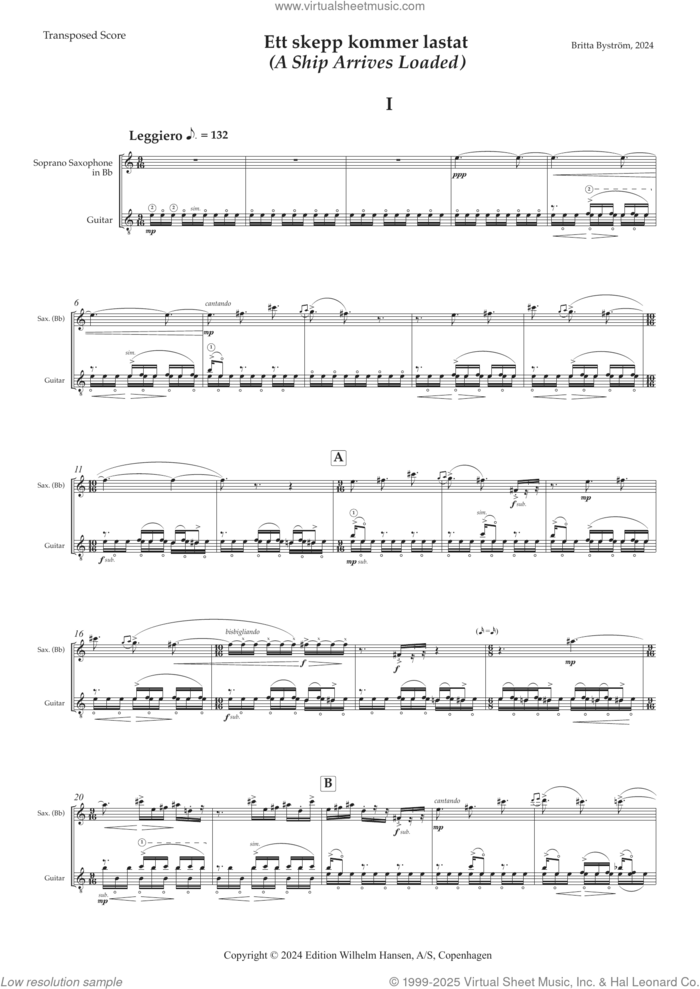 Ett skepp kommer lastat (A Ship Arrives Loaded) sheet music for chamber ensemble (full score) by Britta Byström, classical score, intermediate skill level