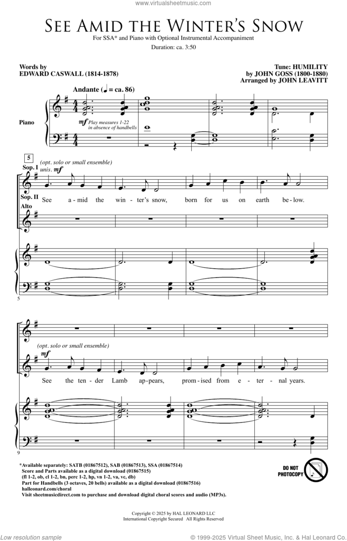 See Amid The Winter's Snow (arr. John Leavitt) sheet music for choir (SSA: soprano, alto) by John Goss, John Leavitt and Edward Caswall, intermediate skill level