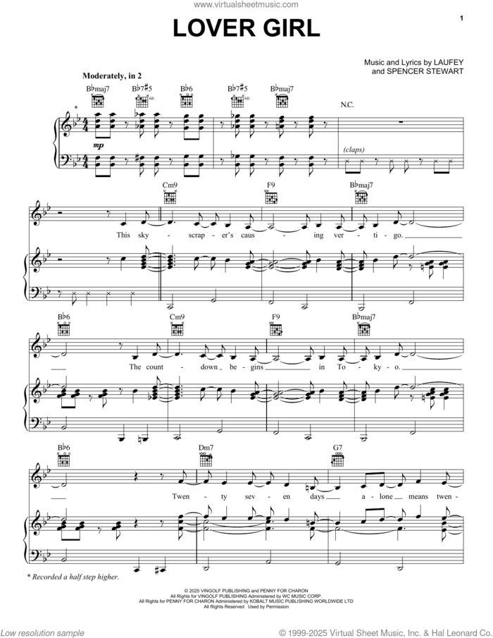 Lover Girl sheet music for voice, piano or guitar by Laufey and Spencer Stewart, intermediate skill level