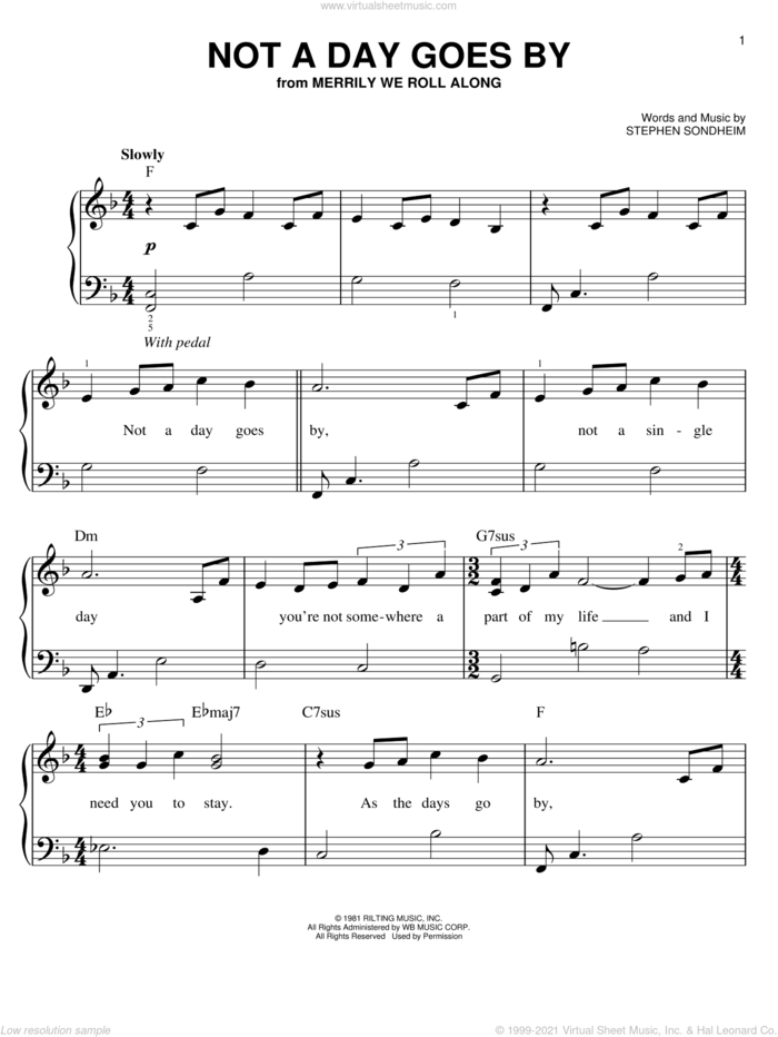 Not A Day Goes By sheet music for piano solo by Stephen Sondheim, easy skill level