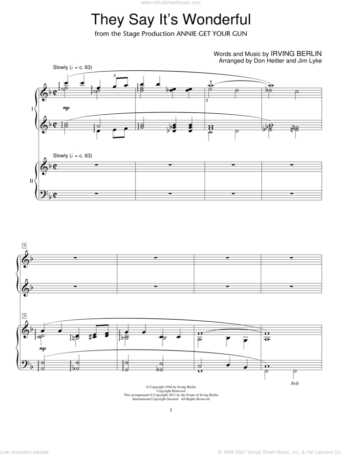 They Say It's Wonderful sheet music for two pianos by Irving Berlin and Annie Get Your Gun (Musical), intermediate duet