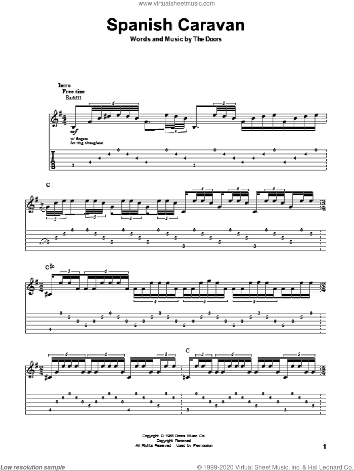 Spanish Caravan sheet music for guitar (tablature, play-along) by The Doors, intermediate skill level