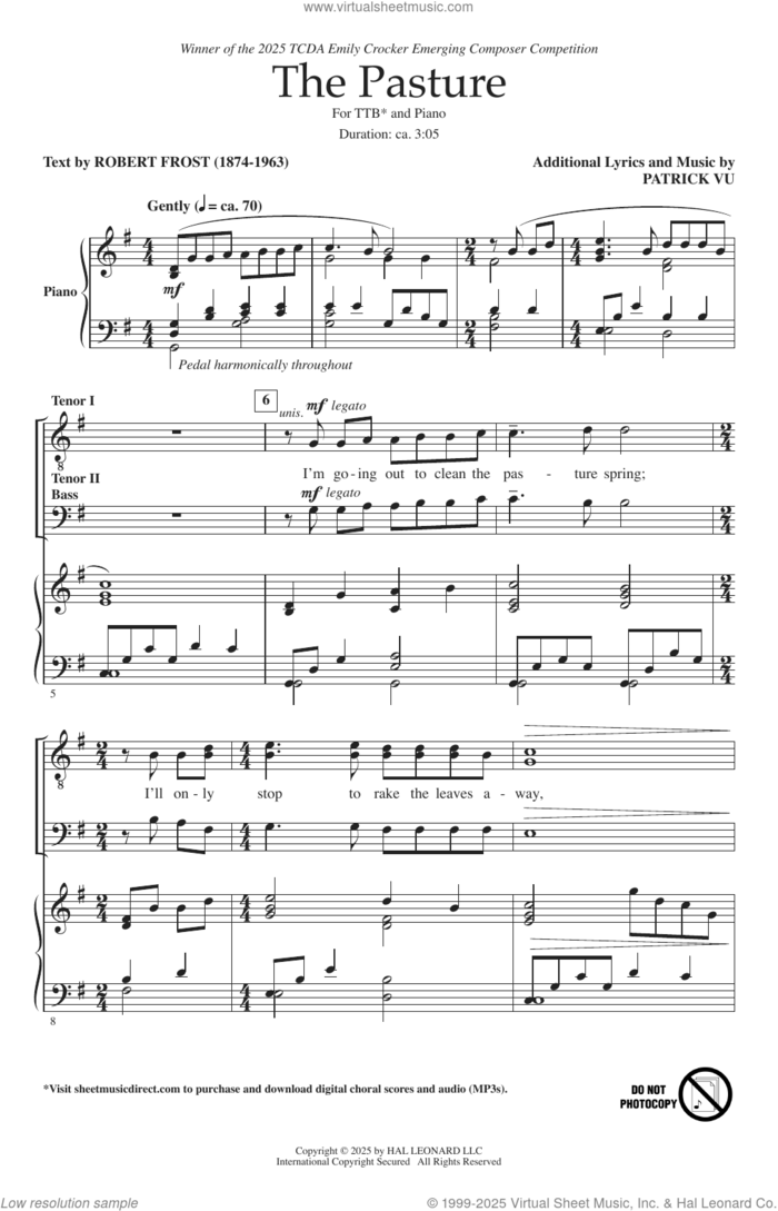The Pasture sheet music for choir (TTBBB) by Patrick Vu and Robert Frost, intermediate skill level