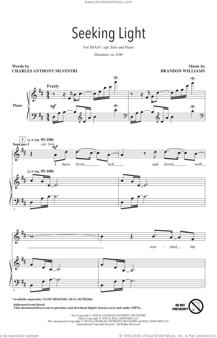 Seeking Light sheet music for choir (SSAA: soprano, alto) by Brandon Williams and Charles Anthony Silvestri, intermediate skill level