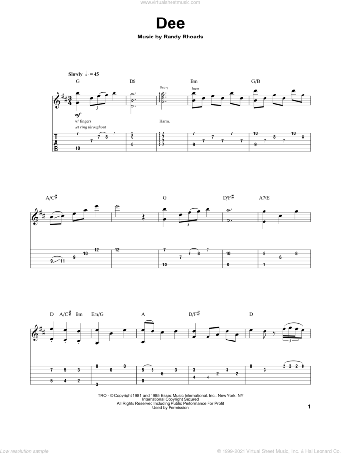 Dee sheet music for guitar (tablature, play-along) by Randy Rhoads and Ozzy Osbourne, intermediate skill level