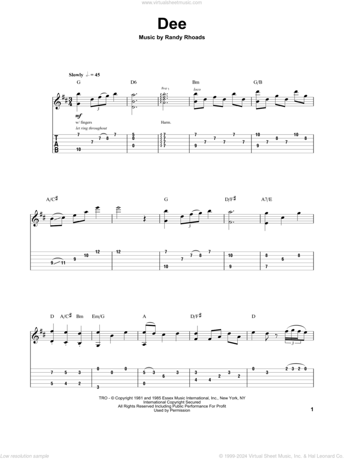 Dee sheet music for guitar (tablature, play-along) by Randy Rhoads and Ozzy Osbourne, intermediate skill level