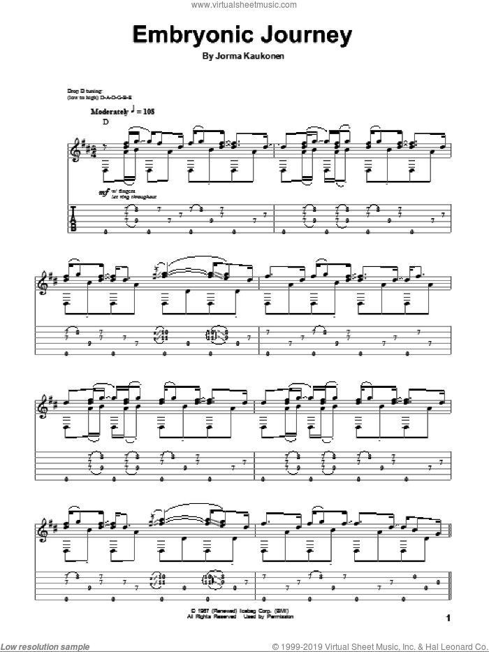 Embryonic Journey sheet music for guitar (tablature, play-along) by Jorma Kaukonen, intermediate skill level