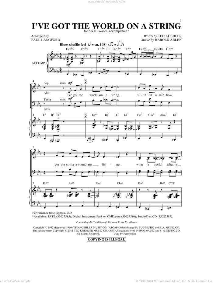 I've Got The World On A String sheet music for choir (SATB: soprano, alto, tenor, bass) by Harold Arlen, Ted Koehler and Paul Langford, intermediate skill level