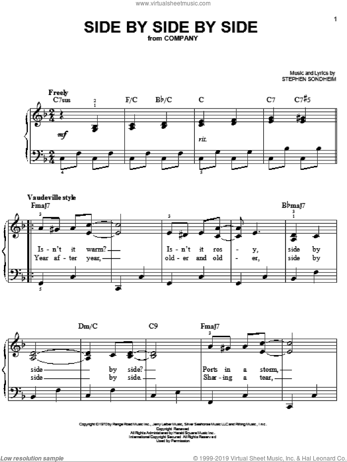 Side By Side By Side sheet music for piano solo by Stephen Sondheim and Company (Musical), easy skill level