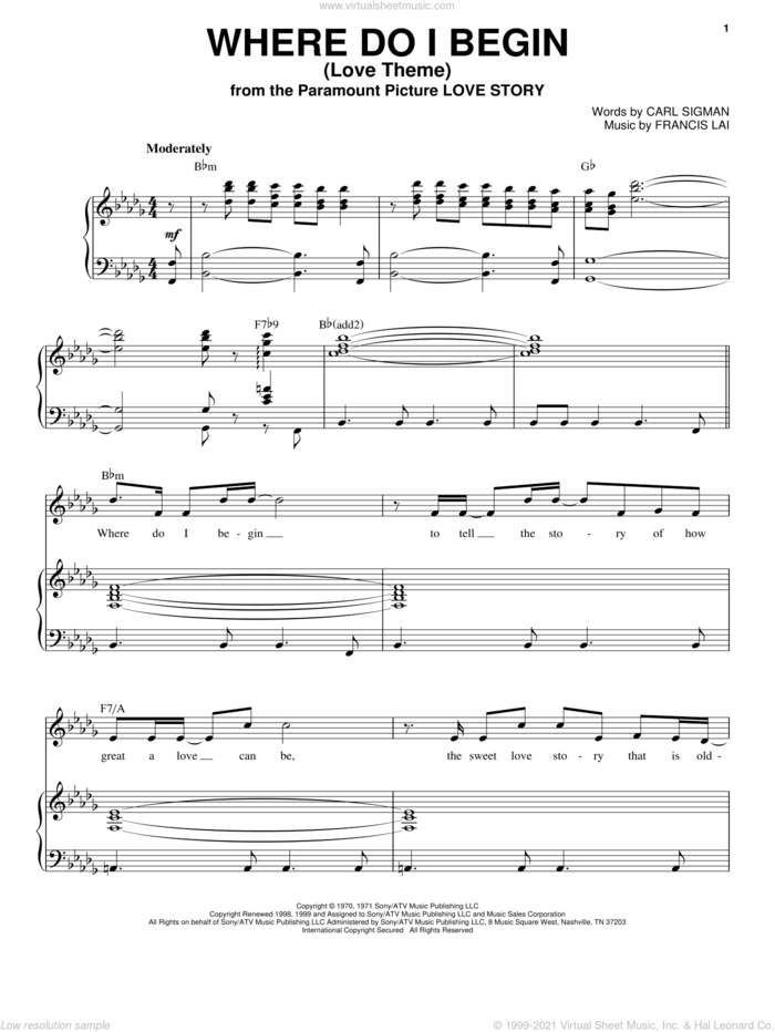 Where Do I Begin (Love Theme) sheet music for voice and piano by Andy Williams, Carl Sigman and Francis Lai, intermediate skill level