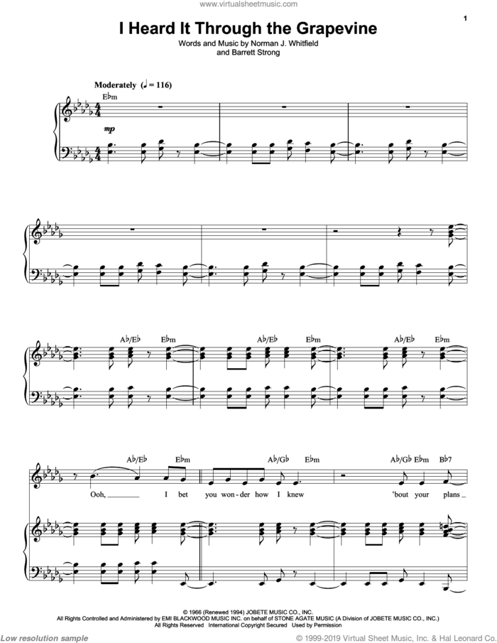 I Heard It Through The Grapevine sheet music for voice and piano by Marvin Gaye, Barrett Strong and Norman Whitfield, intermediate skill level